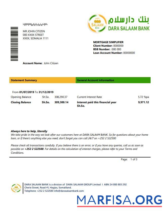 Realistic Somalia Dara Salaam bank statement word real example